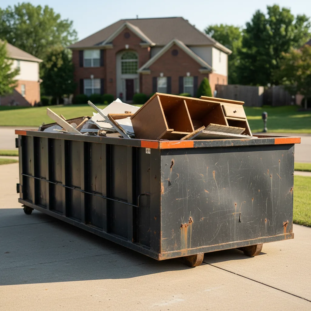 Roll-off dumpster being delivered to a Kansas City home driveway